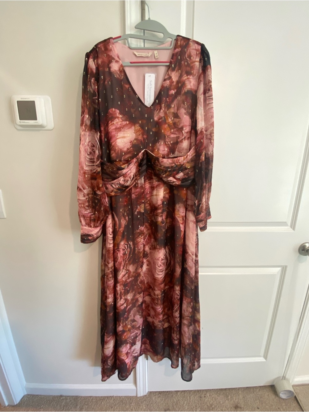 Soft Surroundings Rose-Print Long Sleeve Maxi Dress in Pink and Brown -NWT